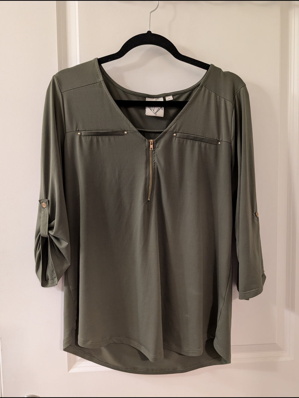 Women's Olive Green Zip-Front Roll-Sleeve Tunic